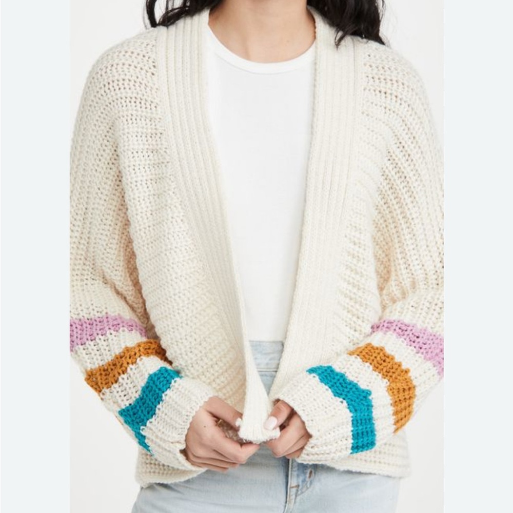 BB Dakota Steve Madden Cozy Cream Knit Open Front Sweater with Colorful Stripes